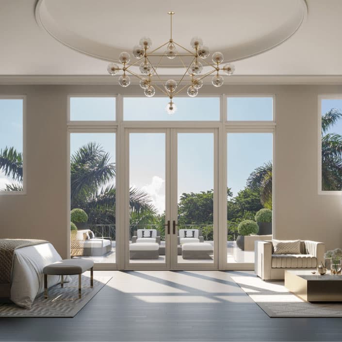 A bright, modern bedroom with large windows and glass doors.