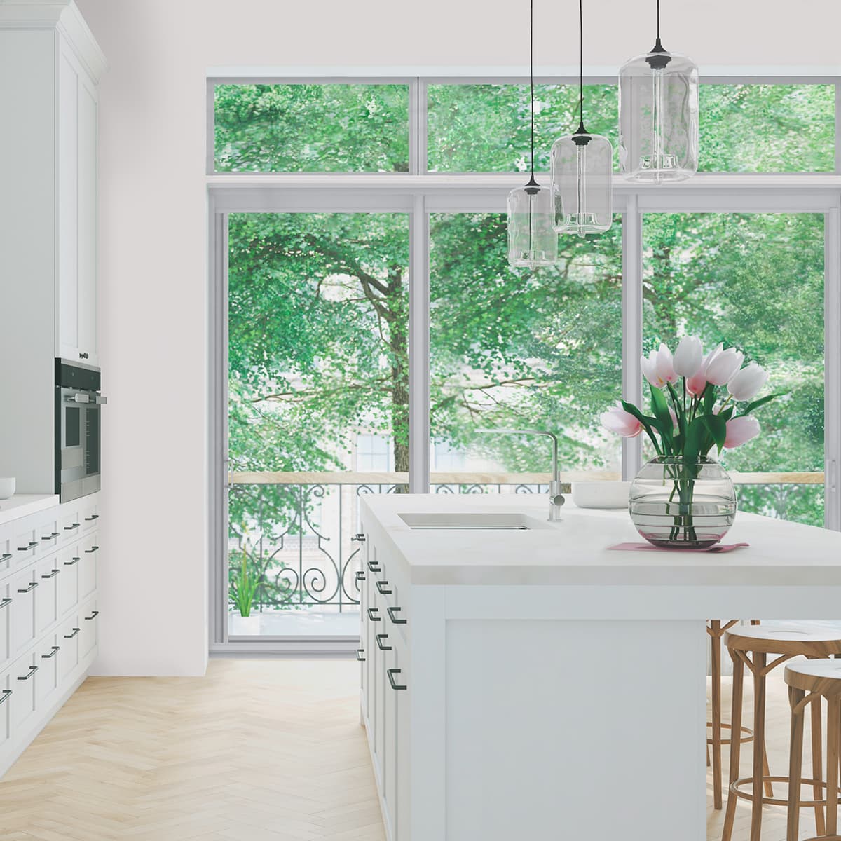 a kitchen with a large window