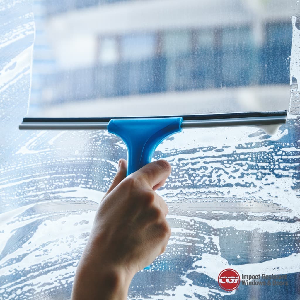 a hand holding a squeegee to clean a window