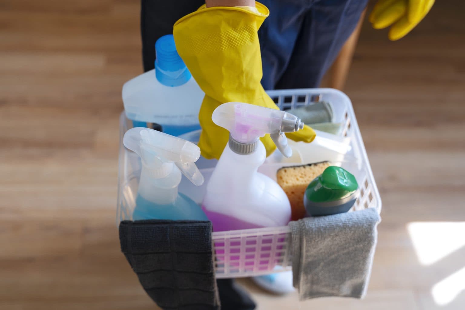 Cleaning supplies in a basket