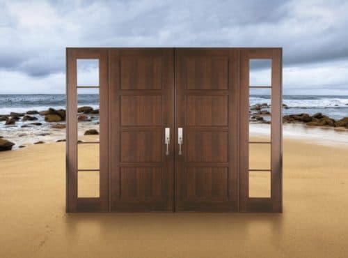A wooden double door with glass panels.